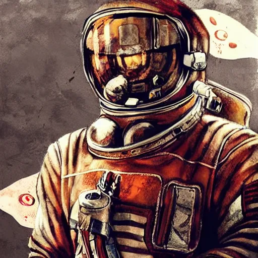 Image similar to [Leather and rust cosmonaut holding a checkered flag, very detailed, cinematic lighting, matte, sharp, photography, art by enki bilal]