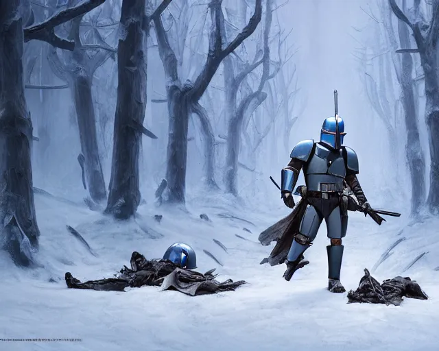 Prompt: jango fett mandalorian bounty hunter is surrounded by dead corpses bodies with blood in a snow forest, concept art highly detailed, great cinematic lighting, octane render, 8 k, depth of field, 3 d, art by greg rutkowski, trending on artstation, cinematographic shot