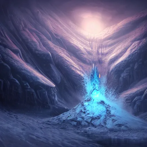 Image similar to digital painting of a frozen ice covered volcano, style of dark souls III, concept art, high angle, high detail, cold lighting, dark, vivid, beautiful, trending on artstation, by Jordan grimmer, no focus, huge scene, terrain visible