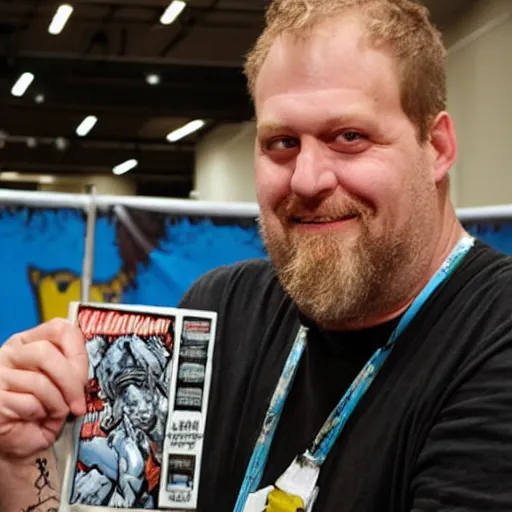 Image similar to portrait of comic book artist Ethan Van Sciver at a comic book convention