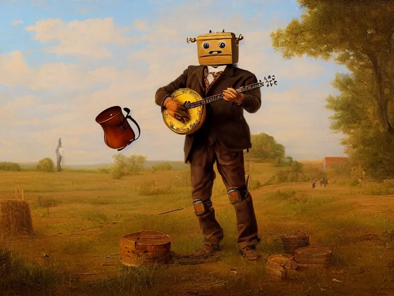 Prompt: painting of a country bumpkin robot playing a banjo, straw in his mouth, style of howard david johnson, high detail, hyper realistic, 8 k