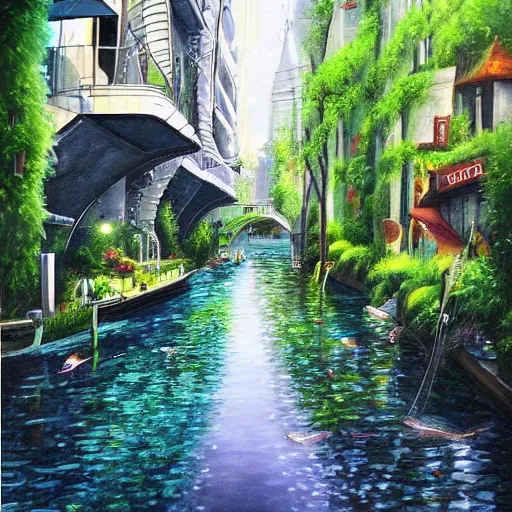 Image similar to Narrow cosy waterway in beautiful green futuristic sci-fi city in harmony with nature. Nice colour scheme, soft warm colour. Beautiful detailed painting by Lurid. (2022)