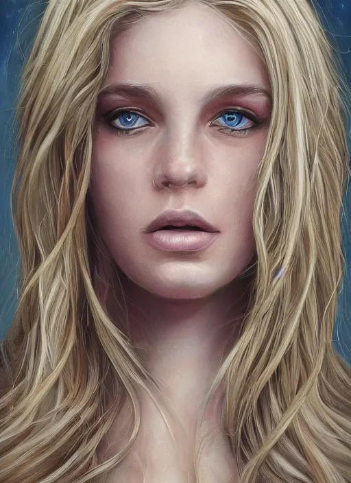 Image similar to a painting of a woman with long blonde hair, a photorealistic painting by magali villeneuve, featured on cgsociety, fantasy art, detailed painting, photorealistic