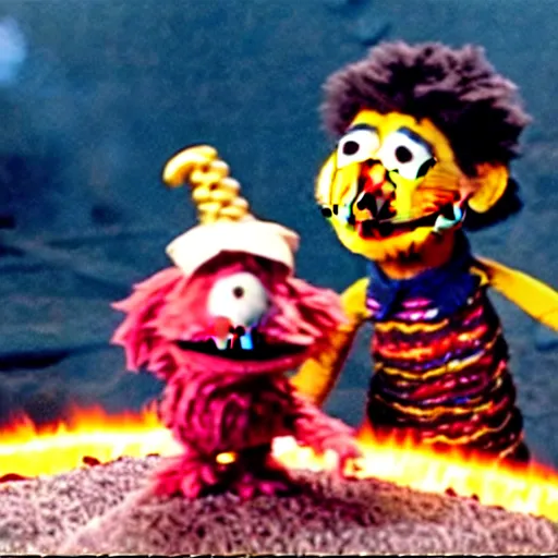 Image similar to “film still of Bert from Sesame Street throwing the one ring into the fires of Mount Doom”