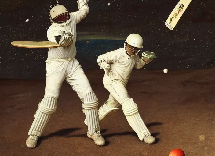 Image similar to a cricket match on the moon by edgar maxence and caravaggio and michael whelan and delacroix style, artistic, intricate painting, cinematic lighting, hyper realistic, extremely detailed, establishing shot, 8 k resolution, dramatic lighting