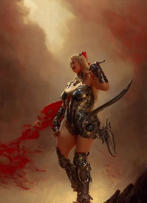 Image similar to beautiful karla lane bbw plumper big girl wearing tiny red steel armour, detailed by gaston bussiere, bayard wu, greg rutkowski, giger, maxim verehin, greg rutkowski, masterpiece, sharp focus, cinematic lightning