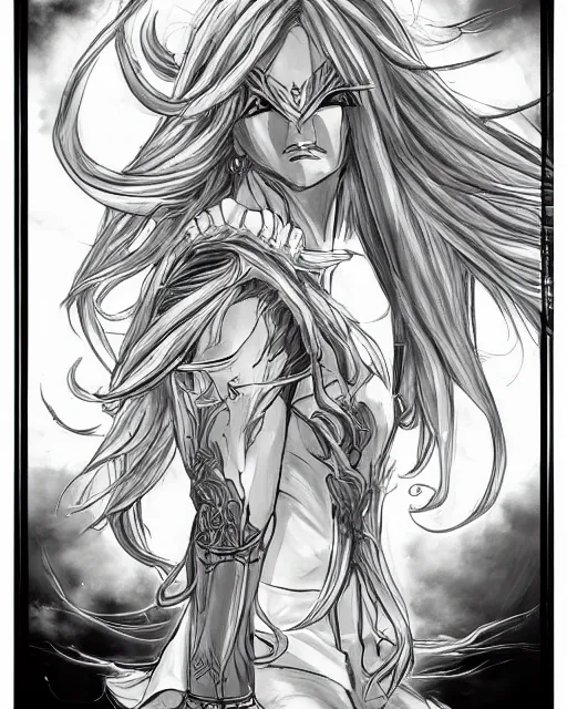 Image similar to Mind Flayers, wind-like hair posing on a boat, black and white, fantasy art, female art, in the style of masami kurumada, illustration, epic, fantasy, intricate, hyper detailed, artstation, concept art, smooth, sharp focus, ray tracing