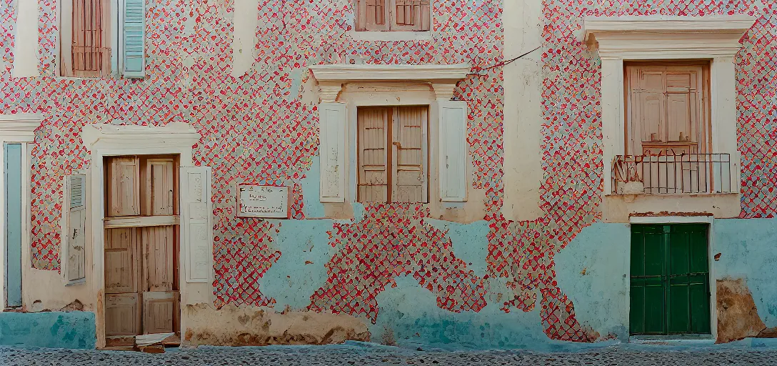 Image similar to colonial house in greece with multicolored portuguese tiles. photographed by wes anderson. fujinon premista 1 9 - 4 5 mm t 2. 9. portra 8 0 0.