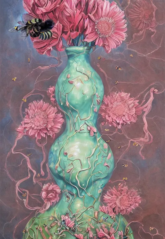 Prompt: a biomorphic painting of a vase with flowers and eyeballs in it, a surrealist painting by marco mazzoni, by dorothea tanning, pastel blues and pinks, bees, featured on artstation, metaphysical painting, oil on canvas, fluid acrylic pour art, airbrush art, seapunk, rococo, lovecraftian