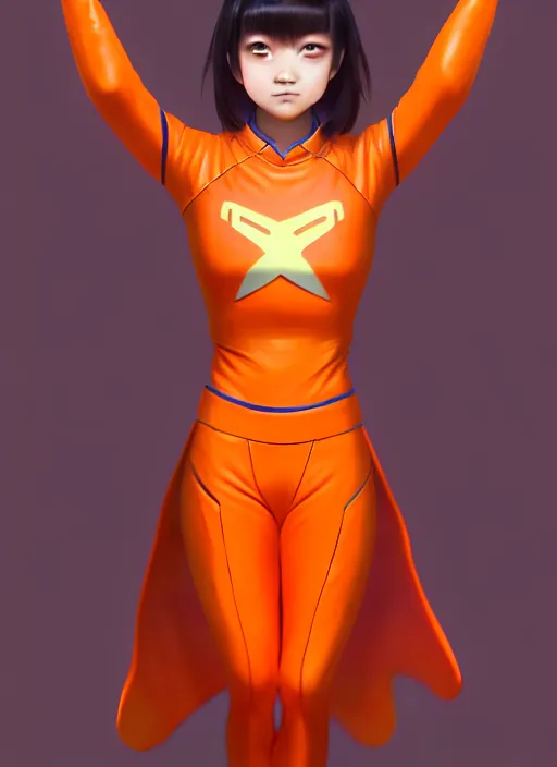 Prompt: teenage asian girl wearing an orange superhero costume, anime digital art, au naturel, hyper detailed, digital art, trending in artstation, cinematic lighting, studio quality, smooth render, unreal engine 5 rendered, octane rendered, art style by klimt and nixeu and ian sprigger and wlop and krenz cushart