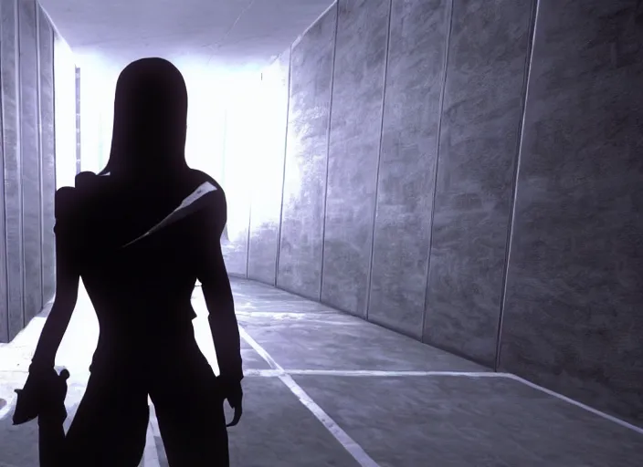 Image similar to mirror's edge first person horror game, photorealistic, extremely dark dark dark dark dark dark dark dark dark, scary, screenshot
