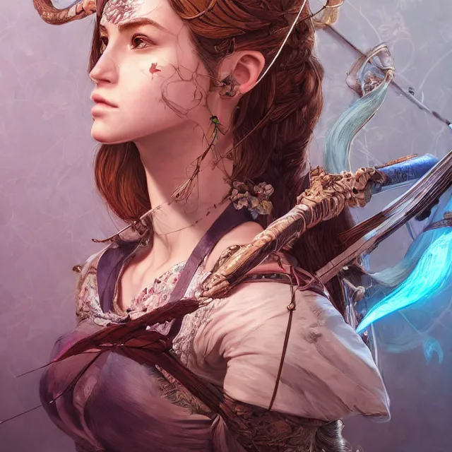 Image similar to the portrait of lawful neutral semi - colorful female archer huntress as absurdly beautiful, gorgeous, elegant, young woman, an ultrafine hyperdetailed illustration by kim jung gi, irakli nadar, intricate linework, bright colors, octopath traveler, final fantasy, unreal engine 5 highly rendered, global illumination, radiant light, detailed and intricate environment