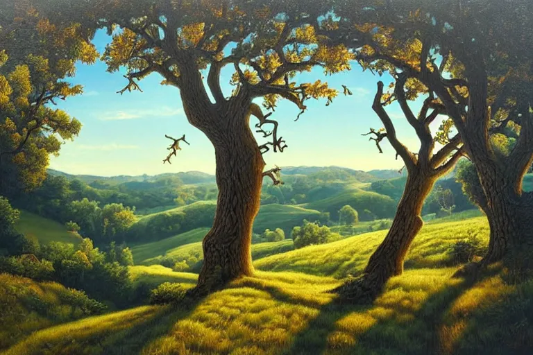 Image similar to masterpiece painting of oak trees on a hillside overlooking a creek, dramatic lighting, by alex gross