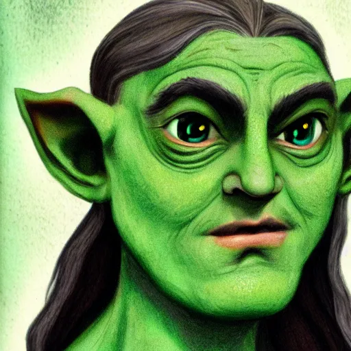Prompt: a green-skinned elf, color portrait