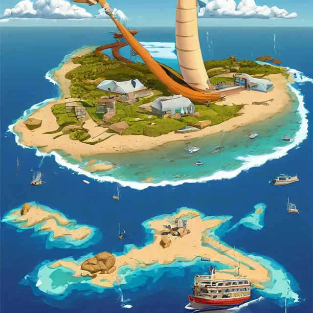 Image similar to a remote island research station in the middle of the ocean, rhads!!!, magical realism, archipelago, urban fantasy, saturday morning cartoon, clean linework, ( alexander archipenko ), ( tex avery ), western animation