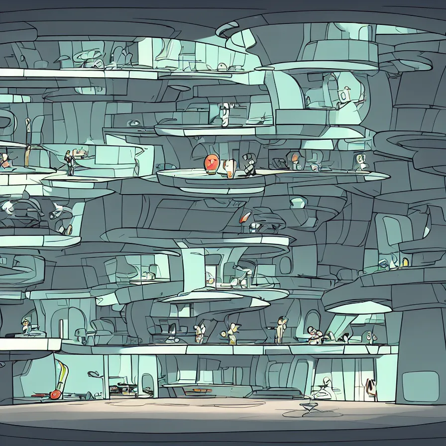 Image similar to concept art of jetsons cartoon scenario of a brutal house architecture indoor