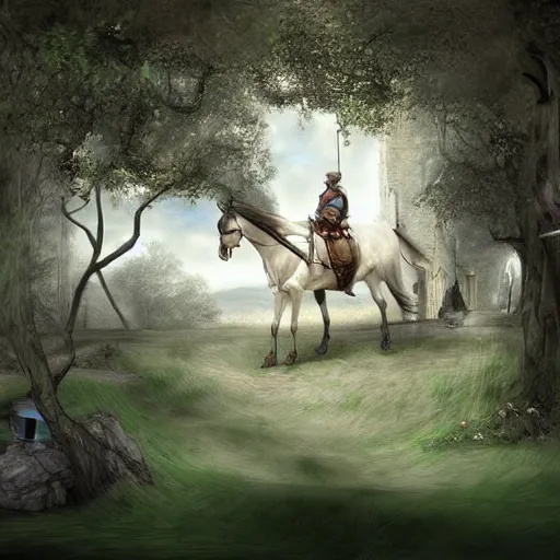 Image similar to plano general de un caballero montado a caballo, colina de fondo con castillo medieval. digital art, art station, realista,