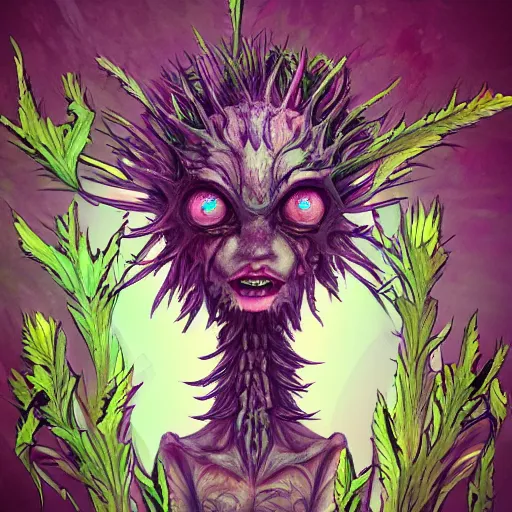 Image similar to A humanoid plant monster, highly detailed, digital art, sharp focus, trending on art station, thistle, artichoke, anime art style