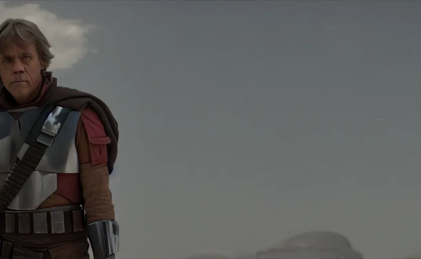 Image similar to still image screenshot portrait of luke skywalker in mandalorian armor on the new episode of the mandalorian disney + bounty hunter soldiers in front of a strange building, moody mining planet, anamorphic lens