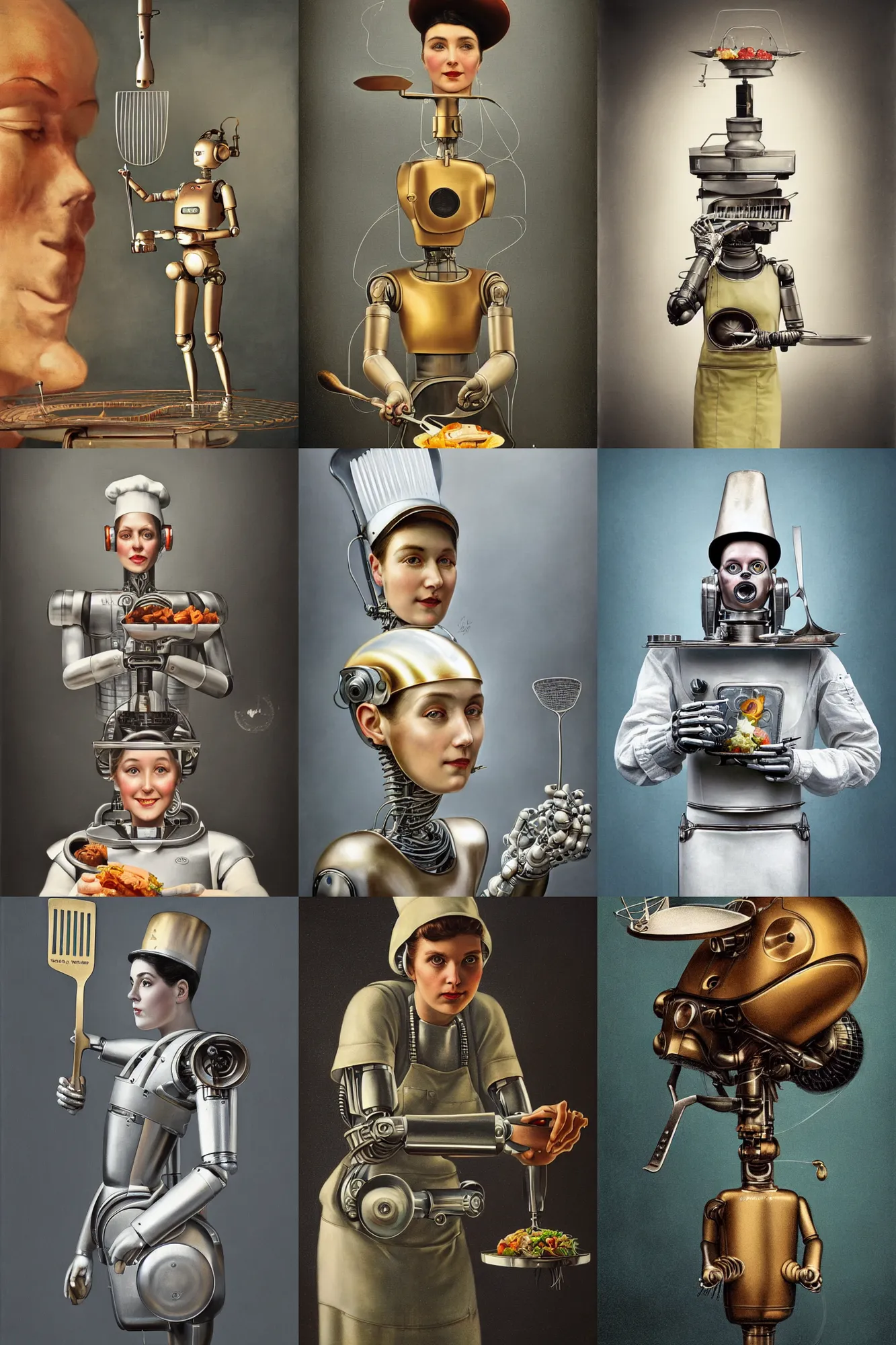 Prompt: a beautiful ultradetailed vintage photo of a futuristic robotic cyborg chef wearing a chef's hat, chef holding a spatula, by tom bagshaw and anna dittman, portrait, 2 4 mm lens, golden ratio composition, detailed face, studio photography, very detailed, humanoids, industrial robots, artstation, 8 k, highly coherent