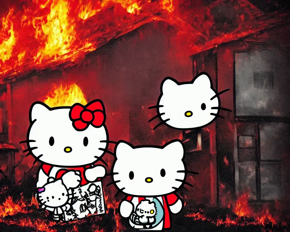 Image similar to a horror movie poster featuring Hello Kitty beside a burning house