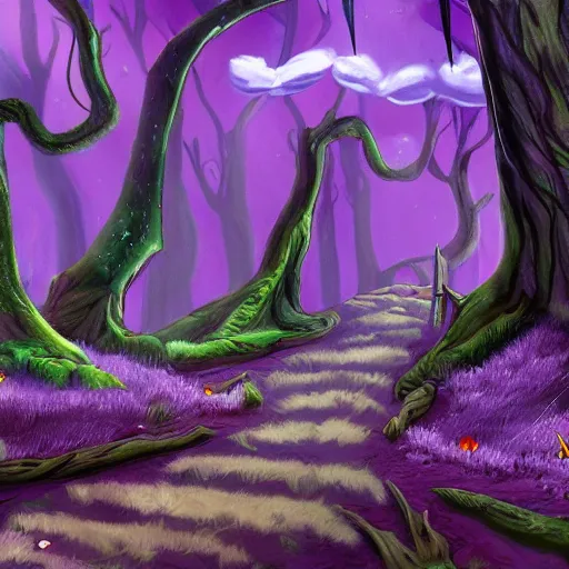 Prompt: wispy woods with purple leaves and otherworldly foliage, a dirt path going down the middle, concept art, detailed, vivid, intricate, 4 k
