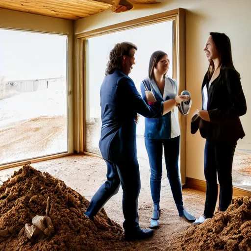 Prompt: real estate agent showing couples through houses made entirely of dirt