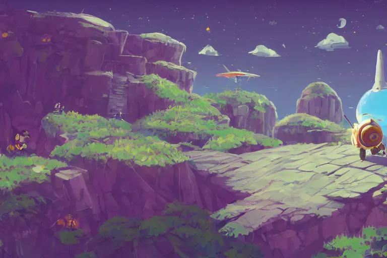 Image similar to computer game art, a flying buddy robot nearby, a small planet in the future, a Tinker's shack on a barren planet, wild berry vines, a berry farm, space junk, volcanoes, in the style of studio ghibli and No Man's Sky and Breath of the Wild