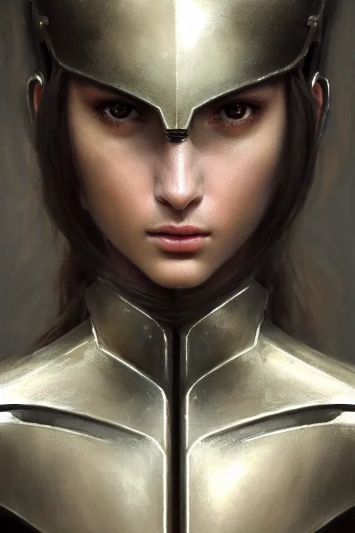 Image similar to a photorealistic painting of an attractive young girl, partially clothed in metal-plated battle armor, olive skin, long dark hair, beautiful bone structure, symmetrical face, perfect eyes, intricate, elegant, digital painting, concept art, illustration, sharp focus, minimal artifacts, volumetric lighting, from Metal Gear, in the style of Ruan Jia and Mandy Jurgens and Greg Rutkowski, trending on Artstation, award winning