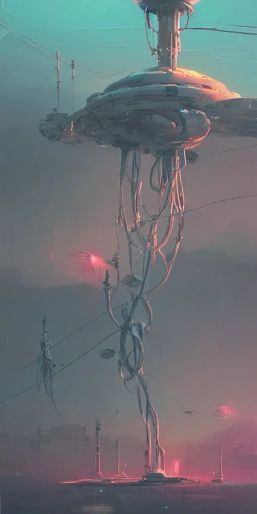 Image similar to mechanical starship with long tendrils, lots of hanging cables and wires, messy cords, sci - fi concept art, by john harris, by simon stalenhag, stunning, award winning