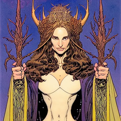 Image similar to a portrait of natalie portman as a druidic wizard by rebecca guay, michael kaluta, charles vess and jean moebius giraud