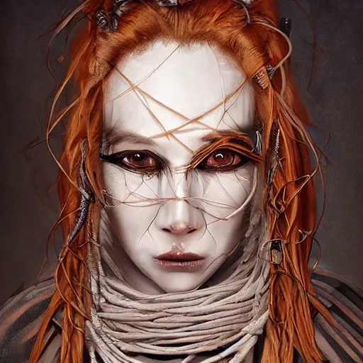 Prompt: portrait of a Shibari barbed wire wrapped face and neck, headshot, insanely nice professional hair style, dramatic hair color, digital painting, of a old 17th century, old cyborg merchant, amber jewels, baroque, ornate clothing, scifi, realistic, hyperdetailed, chiaroscuro, concept art, art by Franz Hals and Jon Foster and Ayami Kojima and Amano and Karol Bak,