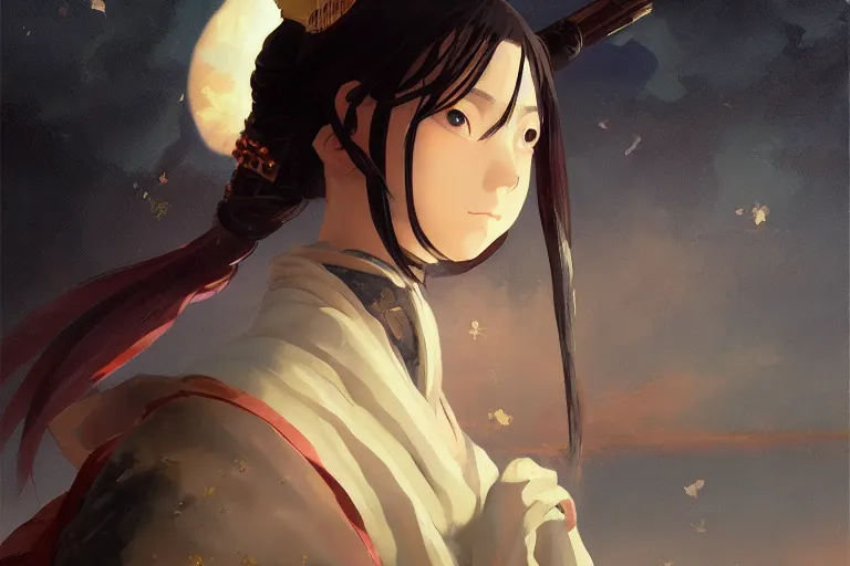 Prompt: baroque oil painting of anime key visual concept art of a samurai girl, very anime, stars vackground, trending on artstation, oil on canvas, style of makoto shinkai greg rutkowski studio ghibli