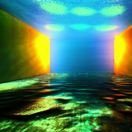 Image similar to 3d render underwater with brilliant lights. Colorful caustics. 8k resolution. Unreal engine.