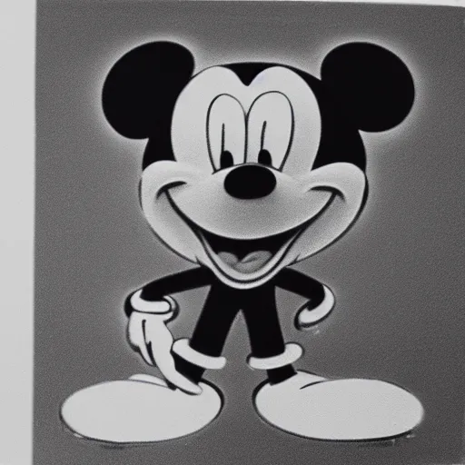 Prompt: found footage of mickey mouse, black and white, grain