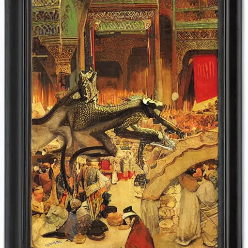 Image similar to dragons on display in a dragon auction in the grand bazaar of isfahan by edwin lord weeks