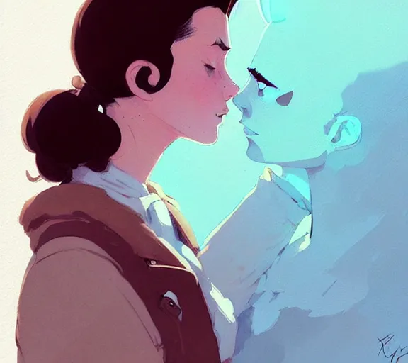 Image similar to portrait will kissing elisabeth by atey ghailan, by greg rutkowski, by greg tocchini, by james gilleard, by joe fenton, by kaethe butcher, dynamic lighting, gradient light blue, brown, blonde cream and white color scheme, grunge aesthetic