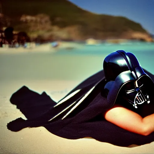 Image similar to photo of darth vader laying on towel at beach, cinestill, 8 0 0 t, 3 5 mm, full - hd