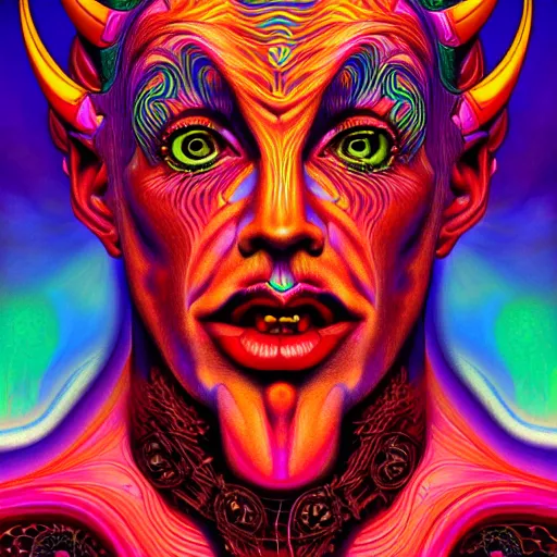 Image similar to An extremely psychedelic portrait of Satan, surreal, LSD, face, detailed, intricate, elegant, lithe, highly detailed, digital painting, artstation, concept art, smooth, sharp focus, illustration