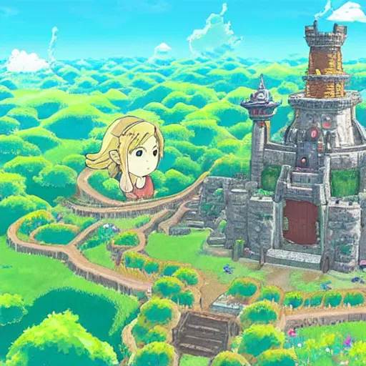 Prompt: studio ghibli themed breath of the wild Hyrule castle, scenic