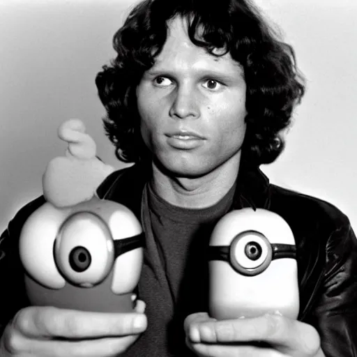 Image similar to jim morrison posing with minion toys in his hands, presented to the camera, black and white photography