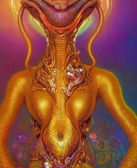 Image similar to intricate golden portrait of a disturbing beautiful alien snake creature covered in colorful crystals, mottling coloring, adorable, childlike, medical equipment hospital environment, ultra realistic, concept art, art nouveau, photorealistic, octane render, 8 k, unreal engine. art by christopher marley and artgerm and greg rutkowski and alphonse mucha