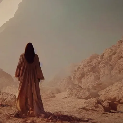 Prompt: The full body shot of beautiful pale woman with white flowers and full-face golden occult mask and glowing eyes in a rocky desert landscape, multiple eyes, thick smoke and fire around her, volumetric lighting, occult atmosphere, by Denis Villeneuve, Lubezki, Gaspar Noe and Alejandro Jodorowsky, anamorphic lens, anamorphic lens flares, kodakchrome, cinematic composition, practical effects, award winning photo, 8k, detailed 85mm f/1.4