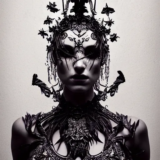 Prompt: a portrait of female model by stefan geselle and nekro borja, photorealistic, intricate details, hyper realistic, dark fantasy, ornate headpiece, dark beauty, photorealistic, canon r 3, photography, wide shot, photography, dark beauty, symmetrical features, wide angle shot, whole body, full body shot, 3 / 4 shot, environmental portrait