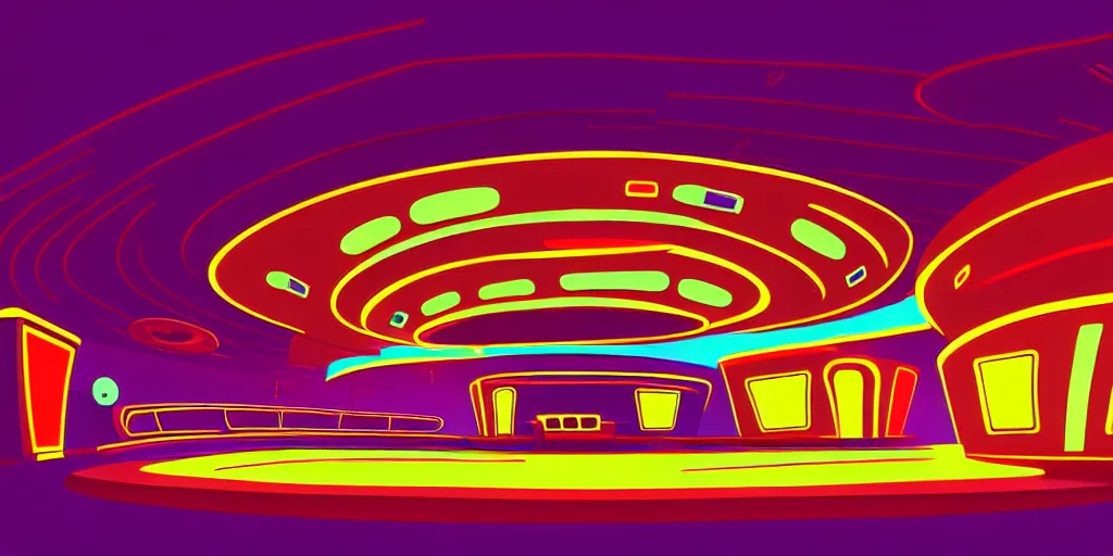 Prompt: minimalistic extreme wide angle curved perspective digital art of alien shaped indoor casino with roulettes in the roof, by anton fadeev from nightmare before christmas