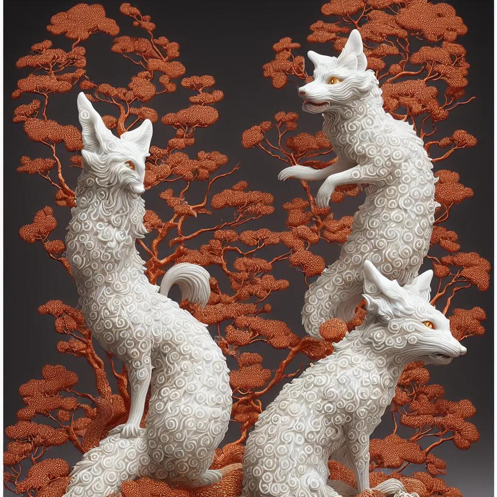 Image similar to a photo - real delicate ceramic porcelain sculpture of an ornate detailed kitsune in front of a intricate background by victo ngai and takato yamamoto, micro detail, backlit lighting, subsurface scattering, translucent, thin porcelain, octane renderer, colorful, physically based rendering, japanese pottery, trending on cgsociety