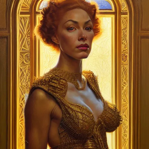 Image similar to highly detailed portrait of a majestic lioness queen in the form of a beautiful woman. d & d. art by donato giancola, jon whitcomb, ruan jia, alberto vargas. trending on artstation, intricate details, energetic composition, golden ratio, concept art, illustration, elegant art, global illuminaition