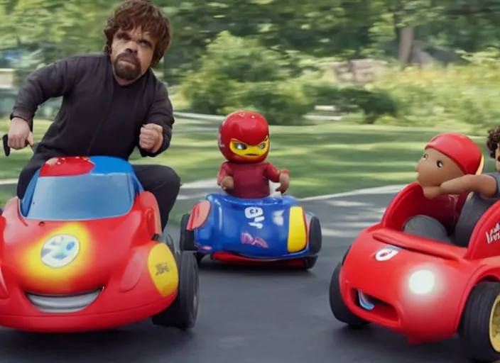 Image similar to peter dinklage racing gary coleman driving a little tikes cars, movie still, from the new fast and furious movie, 8 k, realistic