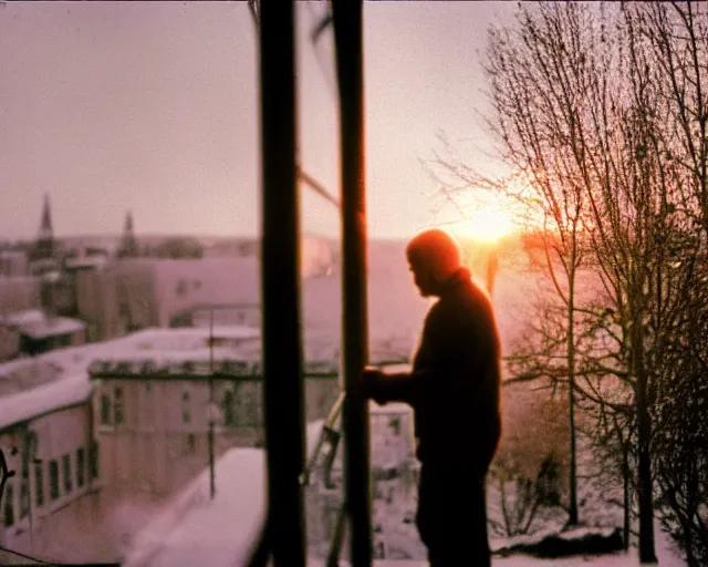 Image similar to lomographic tarkovsky film still of 4 0 years russian man with beard and sweater standing on small hrushevka 9 th floor balcony in taiga looking at sunset, perfect faces, cinestill, bokeh