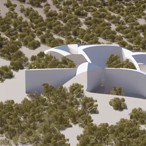 Prompt: architectural rendering of biophilia building in the desert, biomimetry shape, peaceful